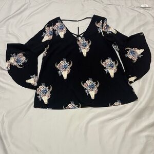 Eesome Black Blouse with Floral Bull Skull Design
